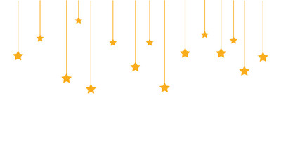 Minimalist illustration of hanging golden stars on a white background. Ideal for festive decorations, celebratory themes, invitation cards, or seasonal designs with a whimsical and clean style.