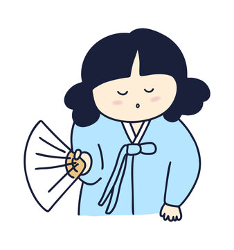 한복을 입고 전통적인 부채를 든 캐릭터