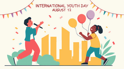 International youth day celebration august vector illustration with kids singing and balloons fun event