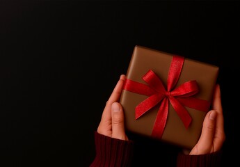 Hands Holding Gift Box with Red Ribbon on Black Background – Holiday or Valentine’s Day Concept