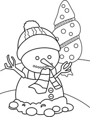 Cute Christmas WInter Snowman Character Cartoon Coloring Activity for Kids and Adult