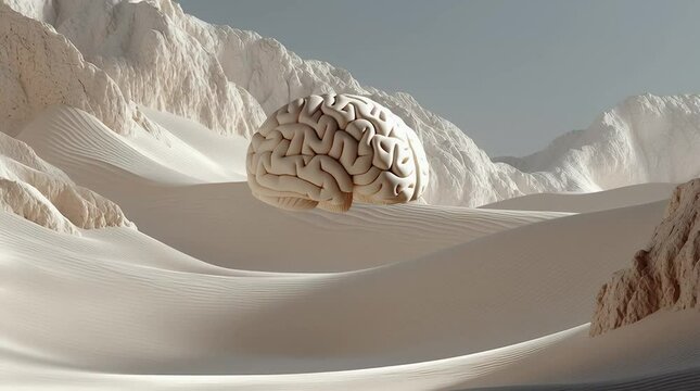Abstract Tan Brain Structure in Pixelated Style Sand Dune Landscape Under Grey Sky Indirect Lighting