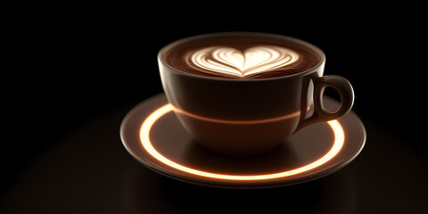 Obraz premium Coffee cup with heart-shaped latte art sits on a dark surface, illuminated by soft light, creating a warm and inviting atmosphere for coffee lovers and enthusiasts