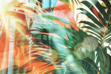 Palm leaves and tropical sunlight with lens flare