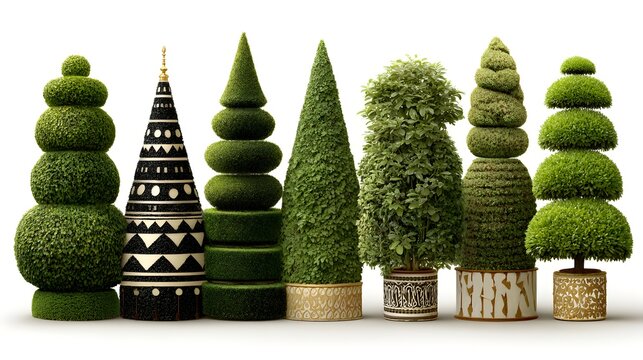 Seven topiary plants with various shapes and sizes are displayed against a bright white studio backdrop.