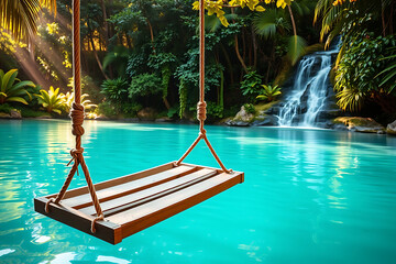 Wooden Swing Over Blue Tropical Pond with Waterfall in Lush Jungle – Relaxation Concept Background