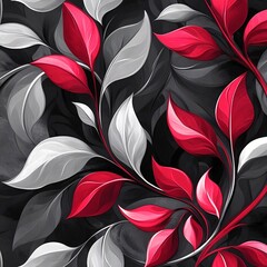 Abstract floral pattern with red, white, and gray leaves on a dark background. A stylish decorative composition with a painted artistic effect. Generative AI