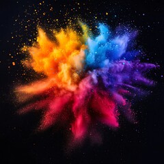 Explosion of colorful powder in the air against a black background. Abstract burst featuring vibrant shades of yellow, orange, blue, purple, and pink. Generative AI