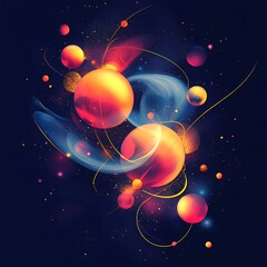 Cosmic abstraction with glowing planets and light orbits on a dark background. Digital art of the universe.. Generative AI