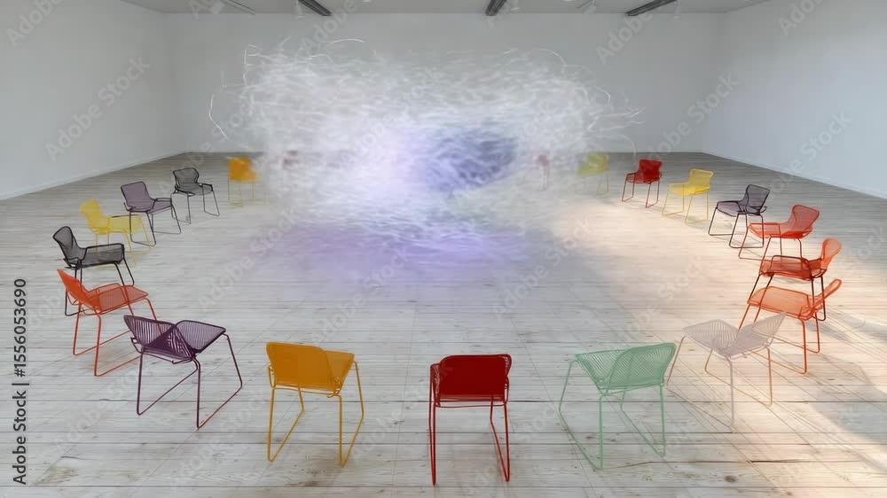 Poster colorful chairs arranged in a circular pattern with abstract art in modern gallery space, symbol of 