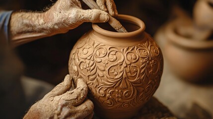 A potter meticulously crafting a clay pot with ornate floral design details