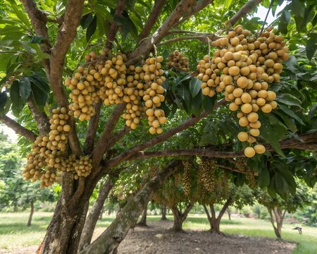 Real lanzones fruit tree with fresh yellow fruit clusters
