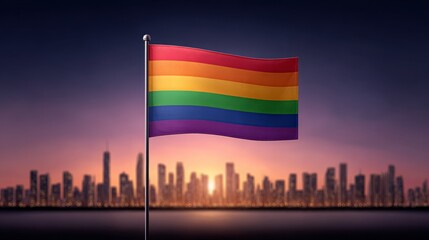 Pride celebration with rainbow flag fluttering over city skyline lgbtq symbolism urban environment vibrant viewpoint