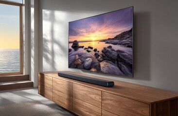 Modern living room with stunning sunset view displayed on a large TV, complemented by a sleek soundbar.