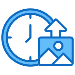 Scheduled Upload Blue Fill Outline Style Icon - Clock and image represent scheduled media upload or content publishing time