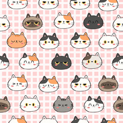 Cute cat face cartoon seamless pattern kids background, Adorable cat pattern wallpaper