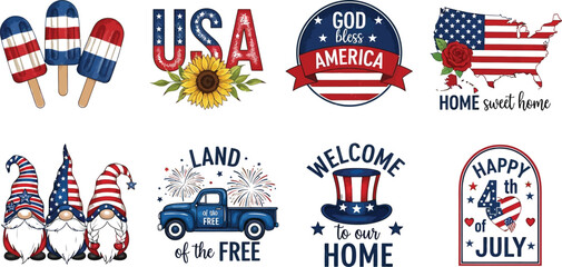 Patriotic designs featuring american flags gnomes ice cream and fourth of july themed elements