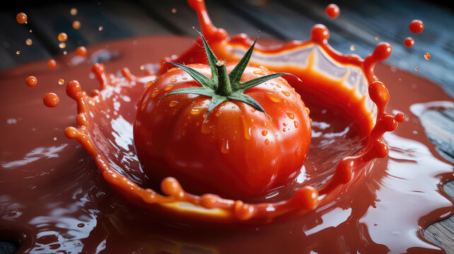 Tomato Splash in Crimson Delight: A singular tomato, its skin glistening, is caught mid-impact, causing a dramatic splash of rich, red juice that epitomizes freshness and flavor. 
