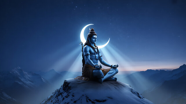 Blue deity meditating under crescent moon lord shiva - Powered by Adobe