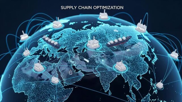 Global network connecting factories and ships on a glowing earth for supply chain optimization