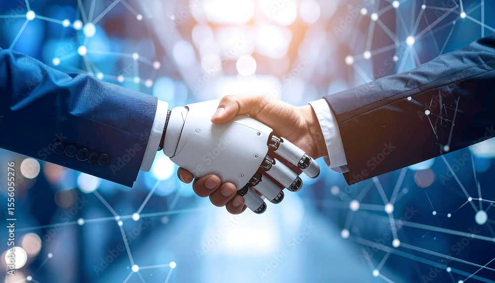 Poster human and robot hands shake against a modern technological backdrop, symbolizing cooperation and art