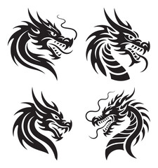 Set of four fierce tribal dragon head designs in black ink, ideal for tattoo art, logos, mythical illustrations, and cultural symbolism