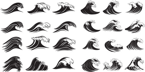 Waves Design Shapes Collection Isolated on White Background. Marine Aqua Water Ripple and Wave Silhouette.