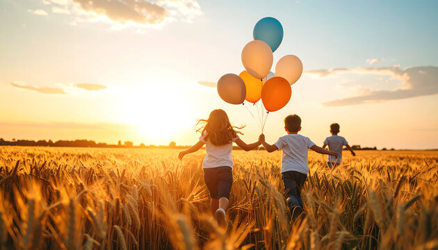 Children run with balloons in a wheat field during sunset, enjoying the warmth and freedom of a golden summer evening.