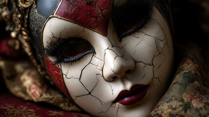 A cracked decorative mask with red and black accents resting on vintage floral fabric, exuding an eerie and mysterious charm