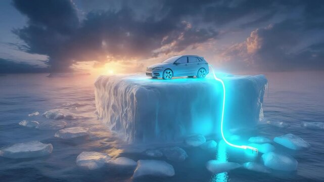E-Auto auf schmelzender Eisscholle bei Sonnenuntergang mit leuchtendem Energiekabel als Symbol f&uuml;r Klimawandel. K&uuml;nstliche Intelligenz KI