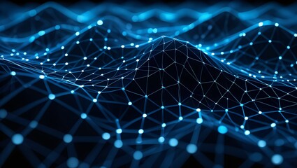 Obraz premium Glowing blue digital particles form an interconnected mesh pattern against a dark background 