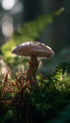 Fototapeta premium Macro shot of edible mushroom emerging from moist forest moss with dew drops and sunlight through ferns and pine needles