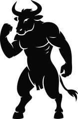 Strong muscular minotaur bull silhouette standing powerful with clenched fist, aggressive pose, mythological fantasy creature isolated on white background