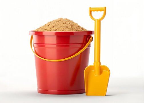 Red bucket and yellow shovel holding sand on transparent background