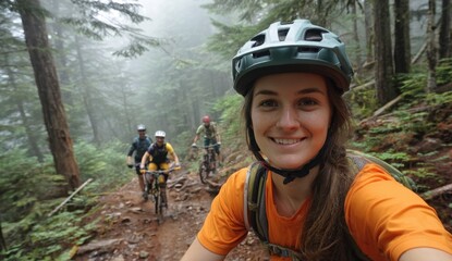 Mountain biking adventure: A smiling woman leads her friends on a misty forest trail.