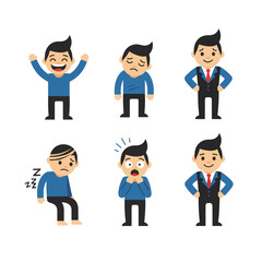 Cartoon Male Character Set with Different Poses and Emotional Expressions