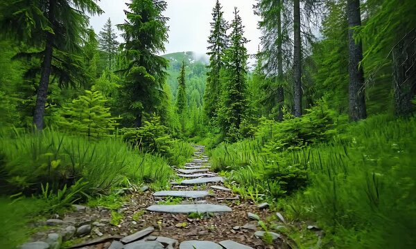 Forest path through vibrant green woodland
