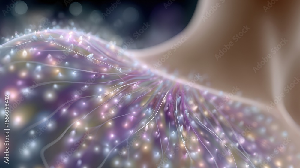 Poster skin microbiota visualized as a bioluminescent system. abstract overlay shows internal harmony and h