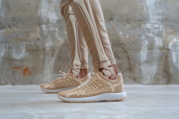 A close-up of a person wearing beige sneakers and skin-toned pants with a skeletal design on a concrete background.