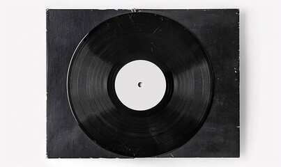Obraz premium Vintage black vinyl record on a scratched case lying on a white surface.