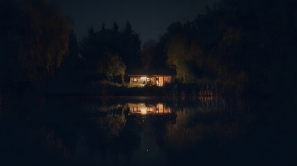 Obraz premium A solitary autonomous house glowing at night