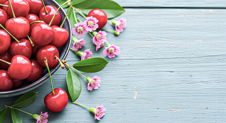 a close up of a wooden table with a bowl of juicy ripe cherries and some pink flower copy space for text