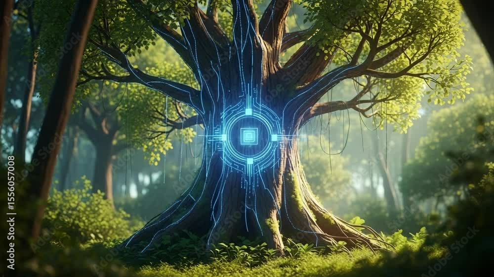 Poster a large tree in a forest with a glowing blue tech circuit design on its trunk and branches