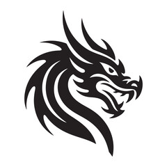 Black Tribal Dragon Head Tattoo Design – Fierce Mythical Beast Illustration with Sharp Horns, Aggressive Expression, and Artistic Detail