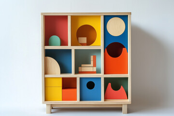 A colorful wooden bookshelf with books is perfect furniture for a home office or library interior design
