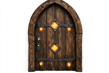 Fototapeta premium Antique wooden door isolated on white, showcasing its vintage charm and architectural detail as a rustic home entrance