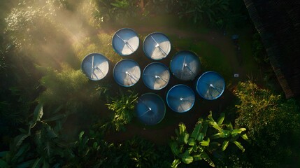 Aerial view of rainwater harvesting system with barrels, greenery, soft light