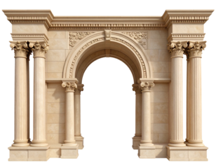 Elegant arch with paired columns in beige tones, architectural element isolated on transparent background PNG