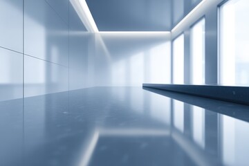 Obraz premium Modern interior space featuring sleek reflective surfaces and large windows, creating a bright and airy atmosphere, ideal for showcasing design concepts and innovative ideas in a contemporary setting