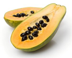 Half cut ackee fruit showing inside seeds white background